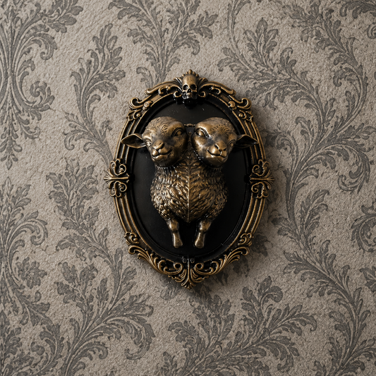 Decorative gothic wall frame with a conjoined lamb motif and ornate detailing, perfect for gothic, dark academia, and macabre-inspired interiors.