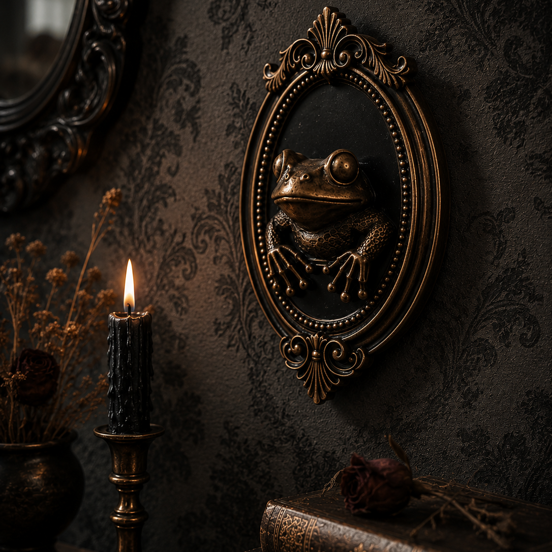 Decorative bronze resin frog wall plaque set within an elegant baroque frame, ideal for gothic interiors, dark academia styling, and eclectic gallery walls.