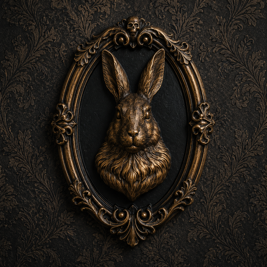 Decorative gothic rabbit frame in a bronze finish with intricate detailing, ideal for displaying artwork, photographs, and curiosities in dark interiors.