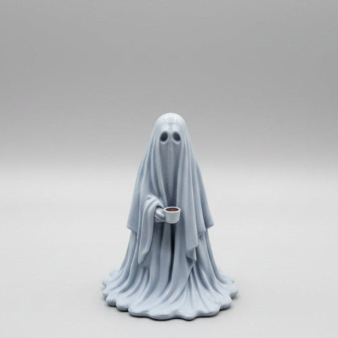 The Overworked hand painted ghost figurine holding coffee cup front view