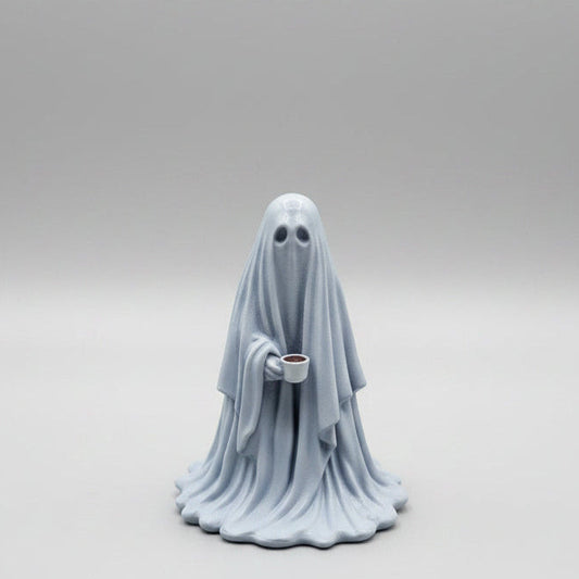 The Overworked hand painted ghost figurine holding coffee cup front view