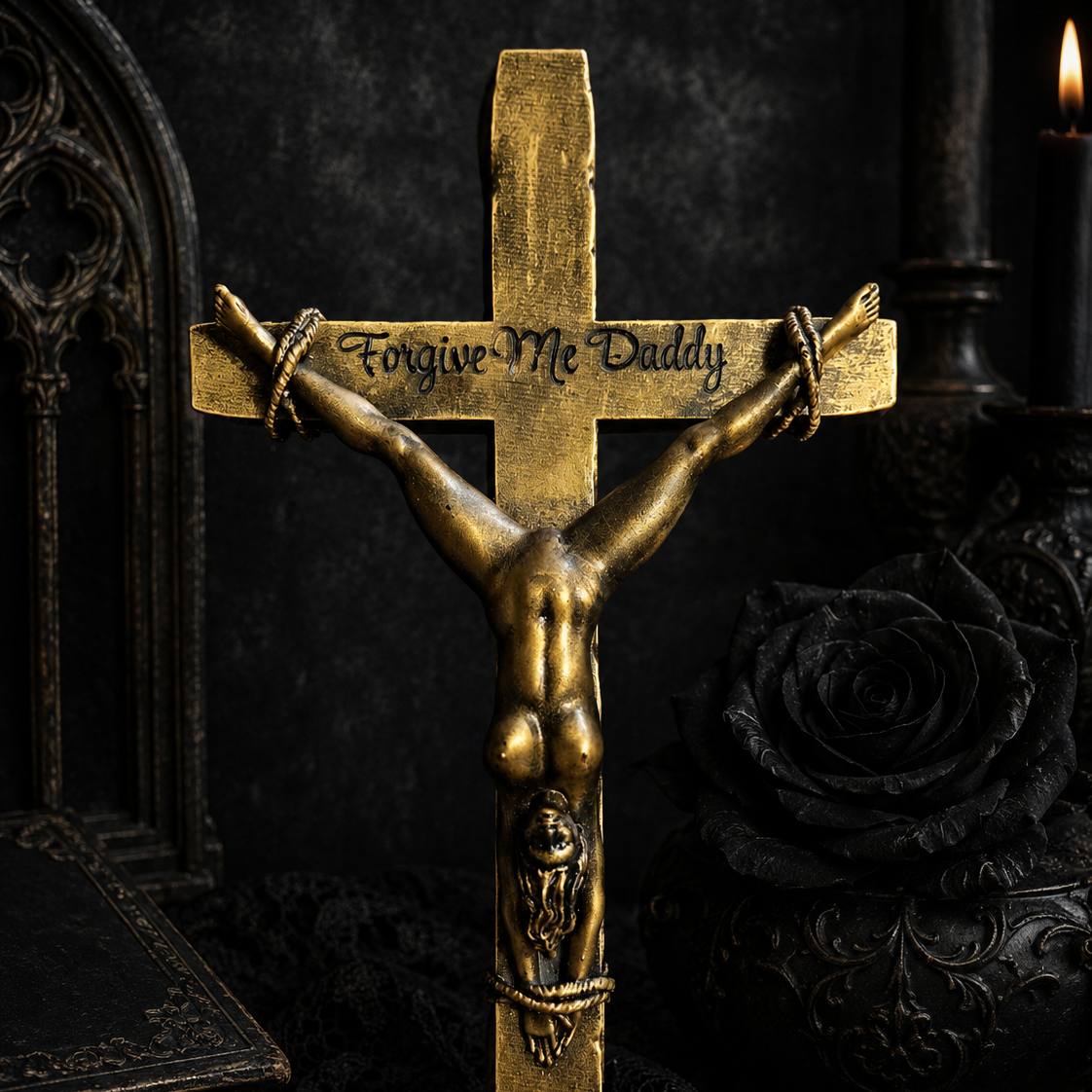 Personalised gold crucified lady cross engraved with custom text for gothic wall décor.