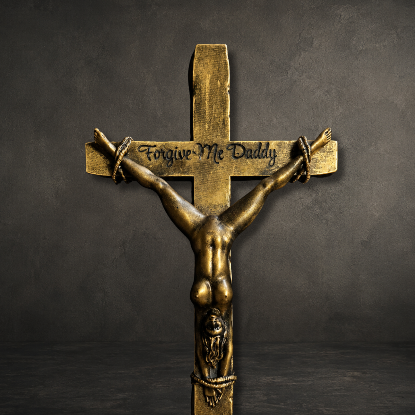 Personalised engraved gothic crucifix wall art featuring an elegant female figure and custom name, designed for alternative and gothic home décor.