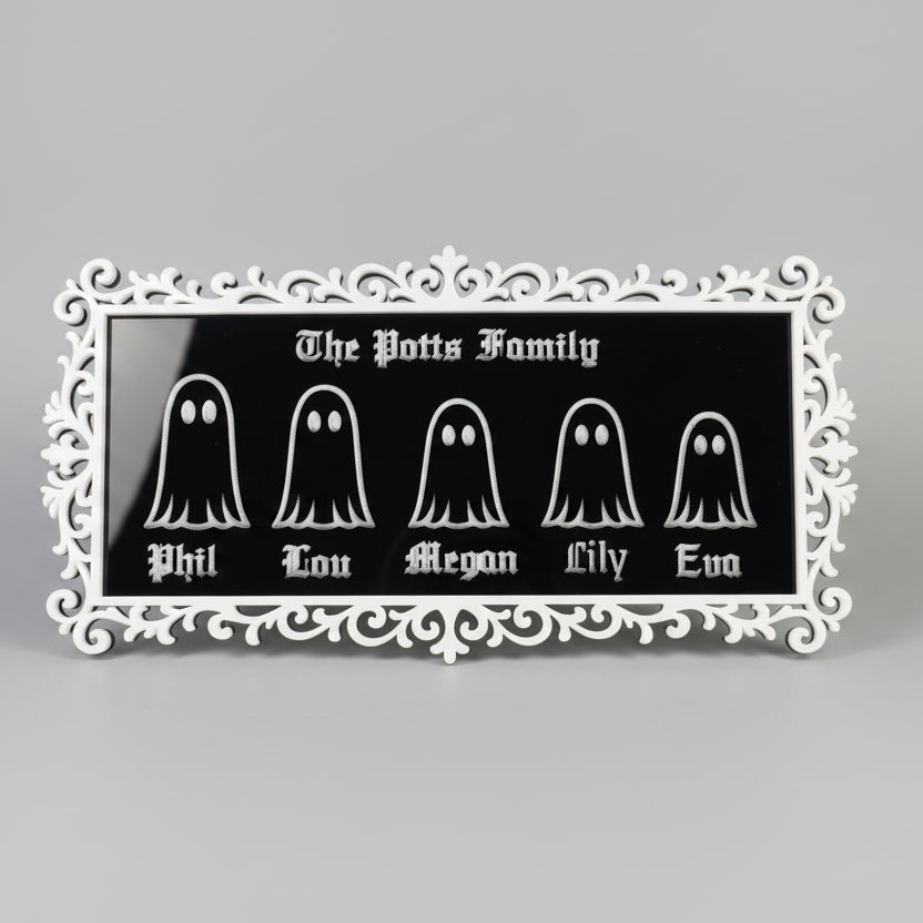 Personalised ghost family plaque with custom family name engraved on black acrylic with decorative gothic frame.