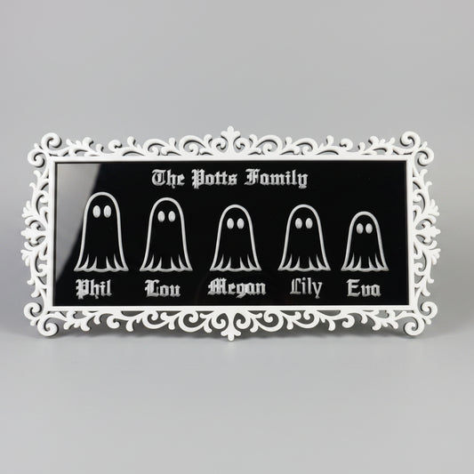 Personalised ghost family plaque with custom family name engraved on black acrylic with decorative gothic frame.