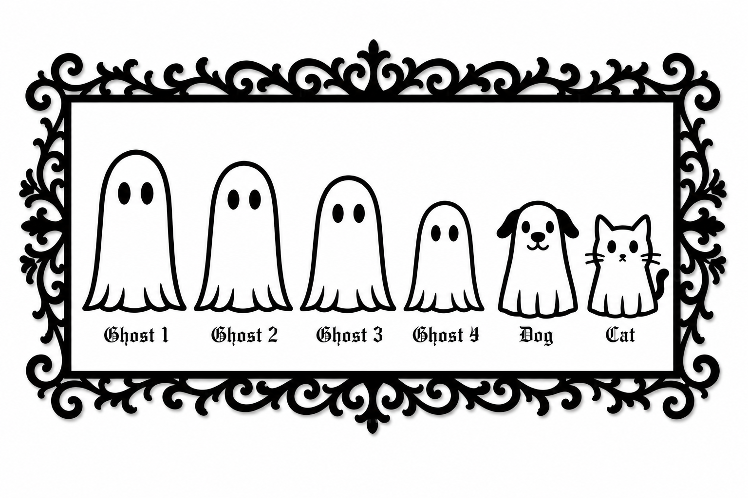 Character guide for personalised ghost family plaque showing Ghost 1, Ghost 2, Ghost 3, Ghost 4, Ghost 5, Ghost 6, dog and cat options.