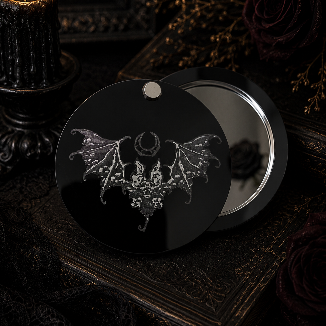 Personalised gothic bat pocket mirror engraved on glossy black acrylic with an intricate bat and crescent moon design.