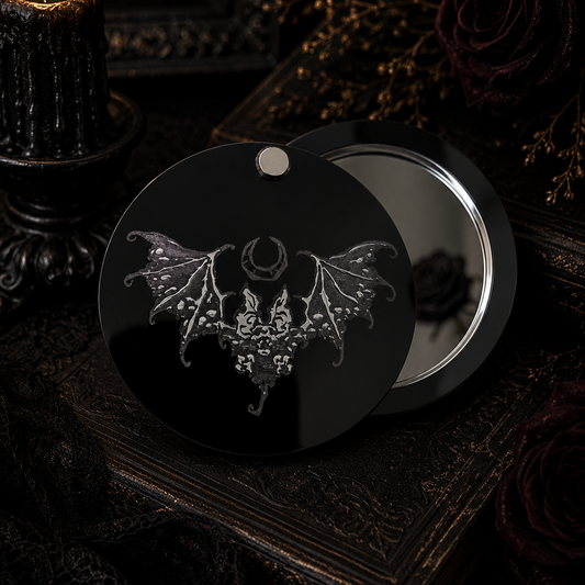 Personalised gothic bat pocket mirror engraved on glossy black acrylic with an intricate bat and crescent moon design.
