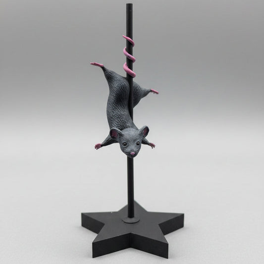 Hand painted pole dancing mouse faux taxidermy ornament in grey pink and black colours