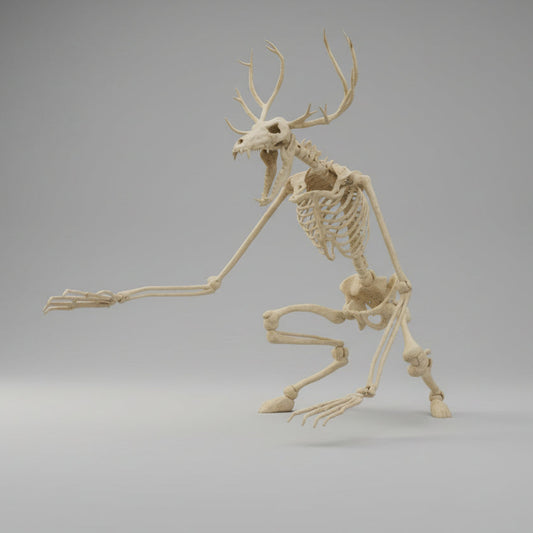 Poseable hand painted Wendigo skeleton figurine with antlers in crouched pose side view