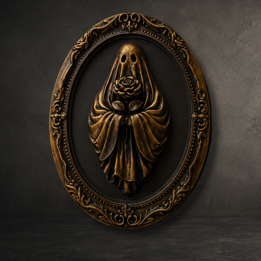 Hand painted bronze ghost holding a flower displayed in an ornate 6-inch baroque resin wall frame for gothic home décor