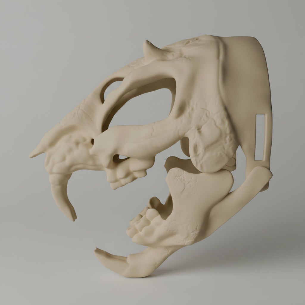Side profile of a bone white articulated rat skull mask showing moving jaw mechanism and elongated skeletal design