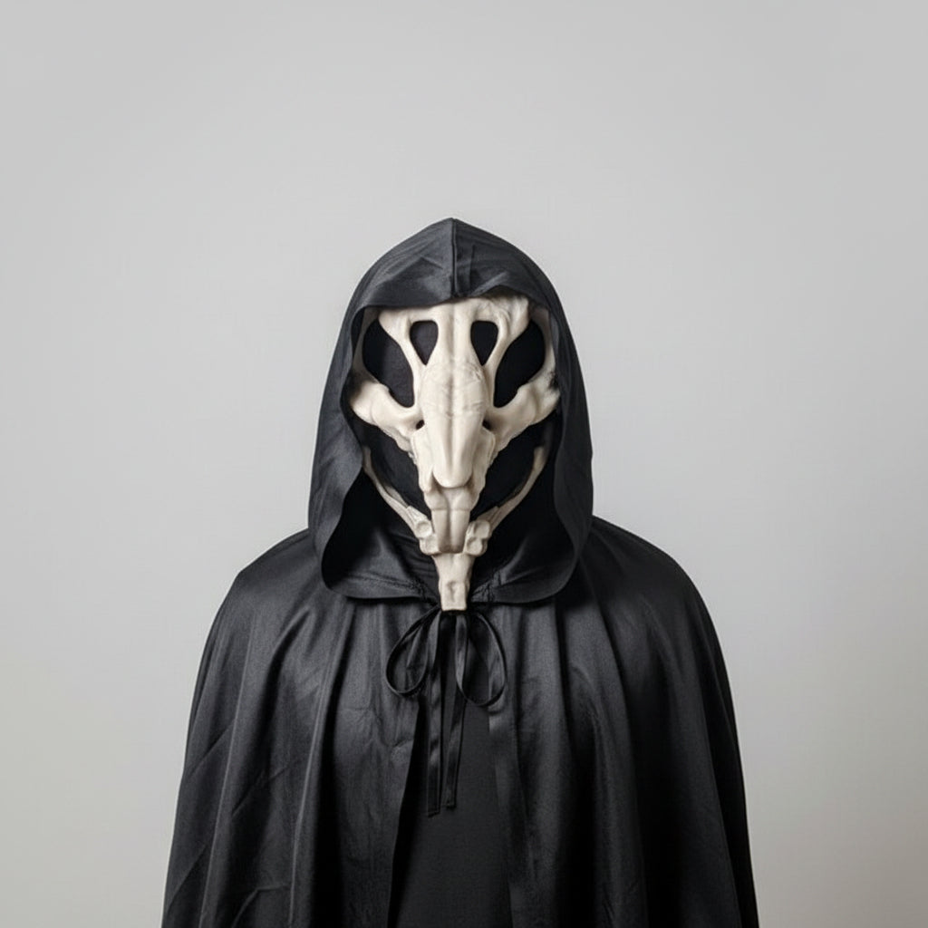 Person wearing a bone white rat skull mask with articulated jaw as part of a gothic horror costume by Darkmoon Designs