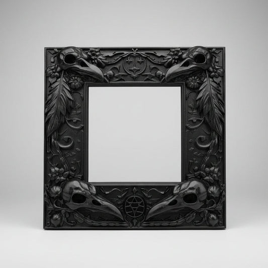Resin cast raven light switch surround with gothic skull and feather detailing in black finish for UK walls