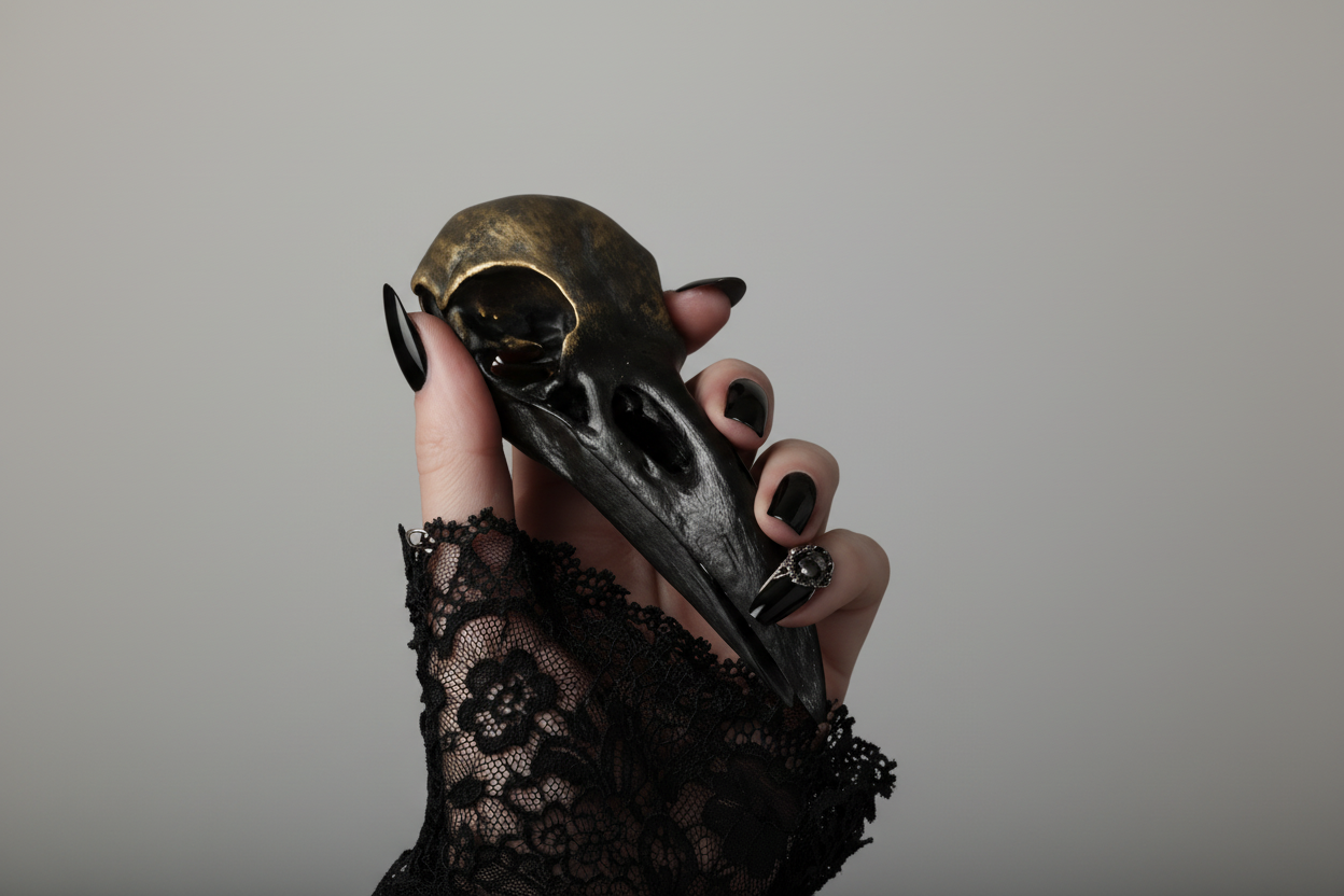 Gothic raven skull display for dark home decor