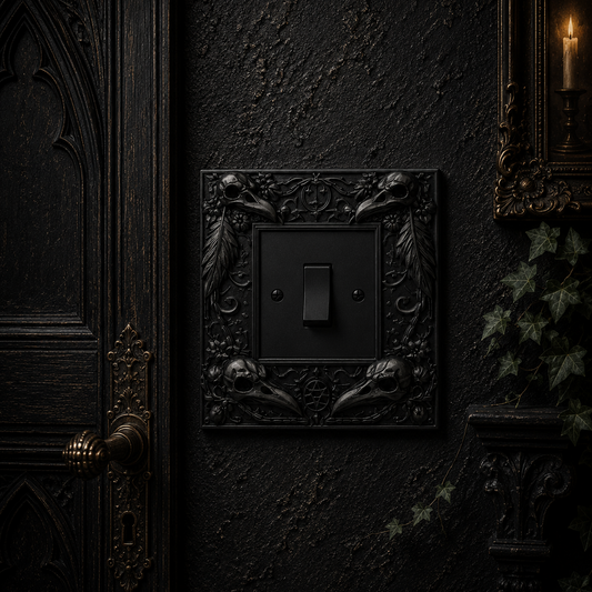 Hand-painted black resin raven skull light switch surround for standard UK single light switches, featuring detailed gothic skull and feather sculpting with a durable matte finish, ideal for gothic, Halloween and dark home décor.