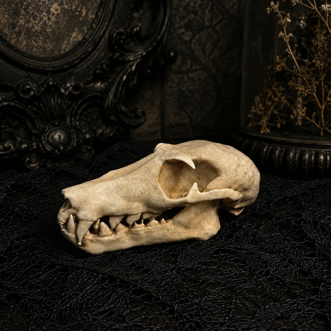 Realistic faux taxidermy fruit bat skull in hand painted resin displayed as a gothic curiosity cabinet ornament.