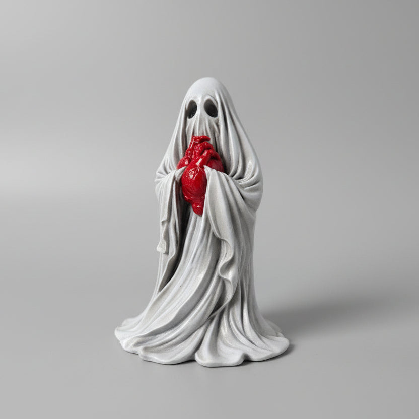 close up of the reliquary ghost highlighting hollow eyes and macabre heart detail