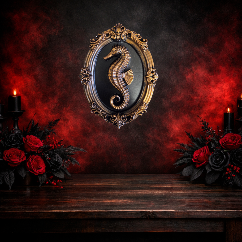 Seahorse in Gothic Frame | Vintage Baroque Wall Art | Resin Printed & Hand Painted