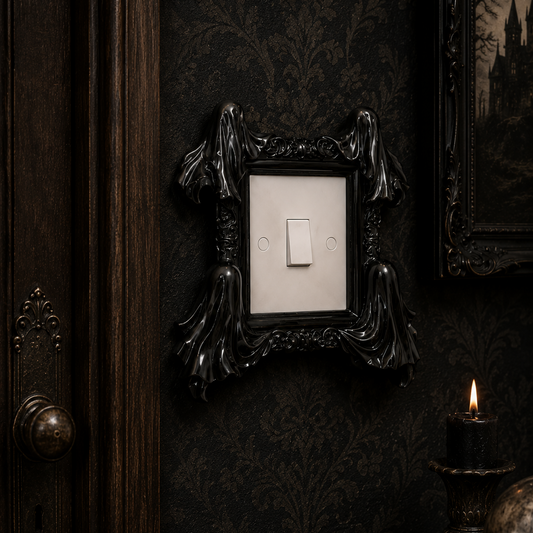 Shiny black gothic ghost light switch surround, hand-cast in durable resin to fit a standard UK single light switch, featuring a flowing ghost design for spooky, gothic and Halloween home décor.