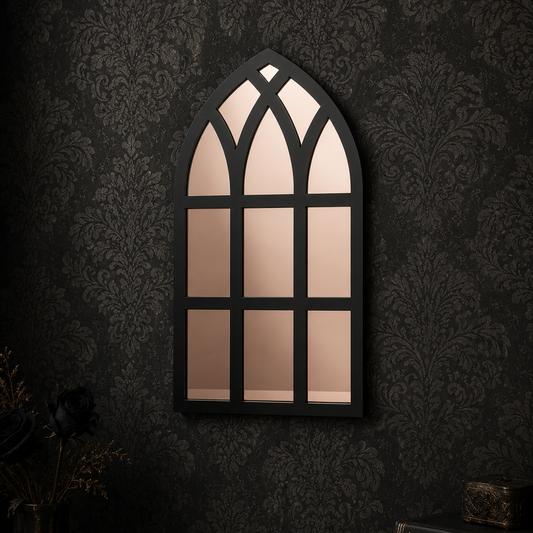 Silver gothic cathedral acrylic mirror inspired by stained glass window architecture, perfect for alternative home decor, dark interiors, and statement gallery walls.