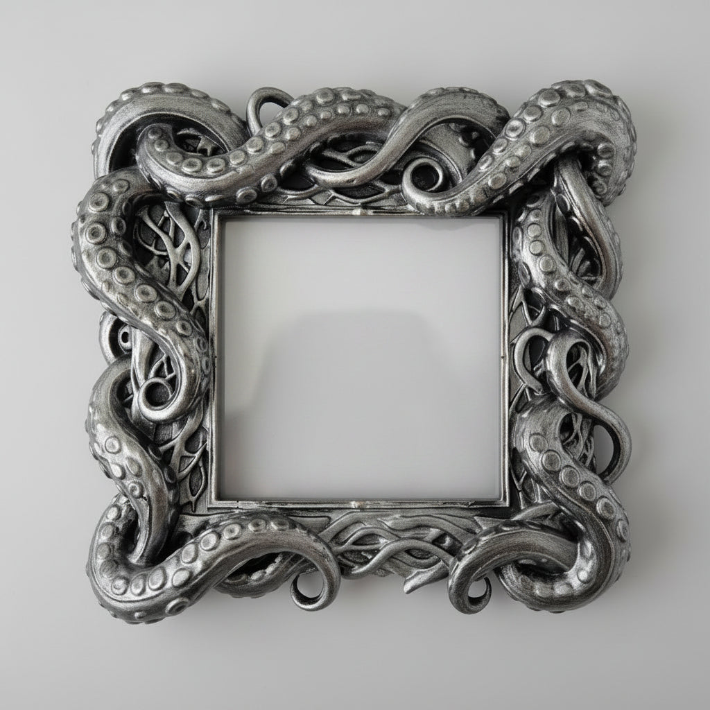 Metallic silver resin cast tentacle light switch frame with twisting sea creature styling for gothic and alternative interiors.
