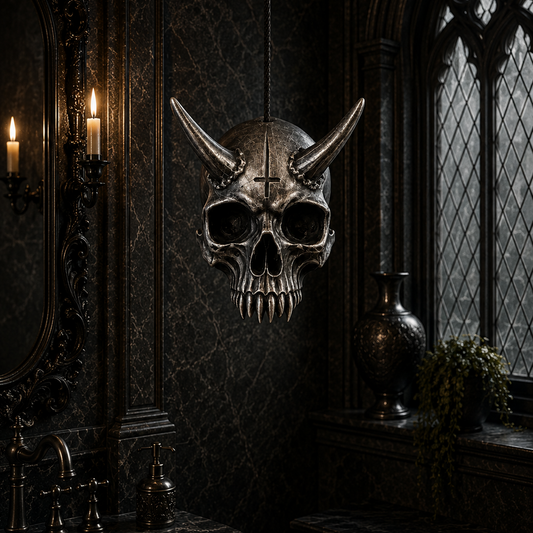 Silver Krampus skull light pull with intricate horned skull detailing, ideal for gothic bathrooms, horror-inspired interiors, and alternative home decor.