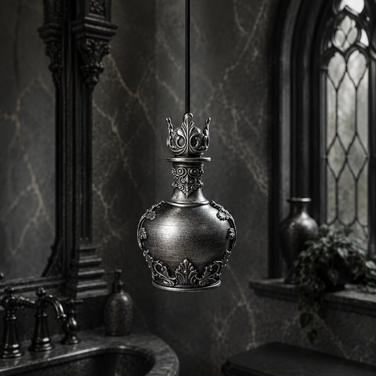 Silver potion bottle light pull with gothic-inspired detailing, designed to add a decorative touch to bathrooms and cloakrooms.