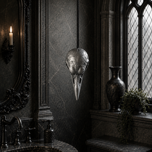 Silver raven skull light pull featuring a detailed bird skull design, perfect for gothic bathrooms, alternative interiors, and dark decor themes.