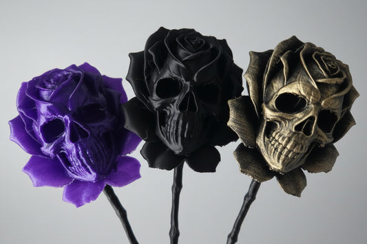 Skullwood Forest Rose gothic skull flower in black bronze and purple 3D printed eternal rose decor