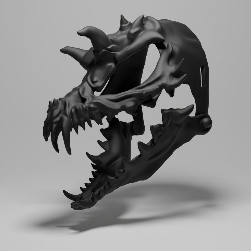 A black spiky demon skulldog mask with articulated moving jaw and dark fantasy creature styling by Darkmoon Designs.