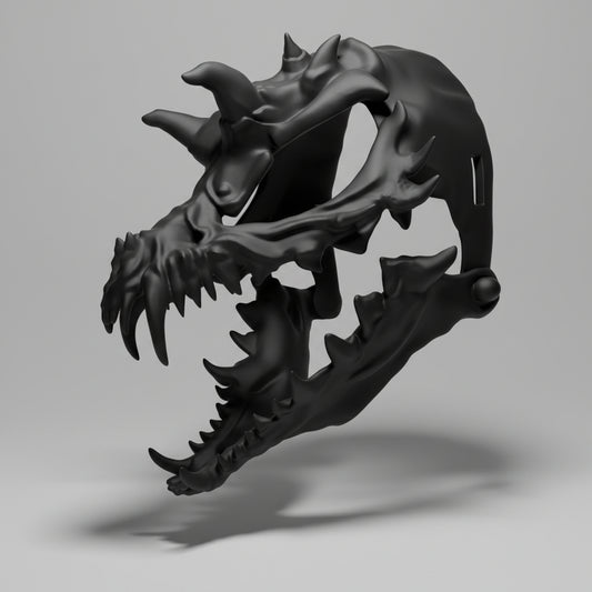 A black spiky demon skulldog mask with articulated moving jaw and dark fantasy creature styling by Darkmoon Designs.