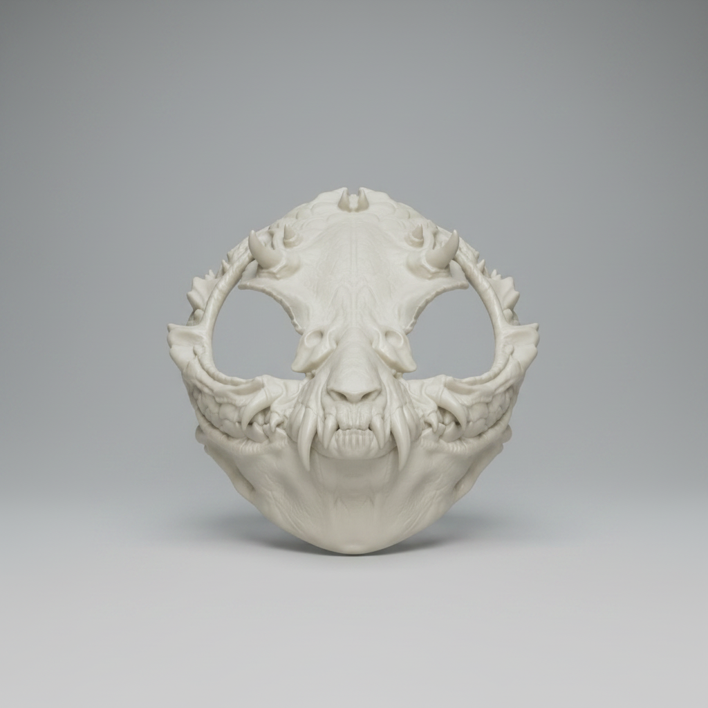 Front view of a bone white Spiky Demon Wolf mask fursuit base with skeletal wolf detailing and gothic spikes by Darkmoon Designs.