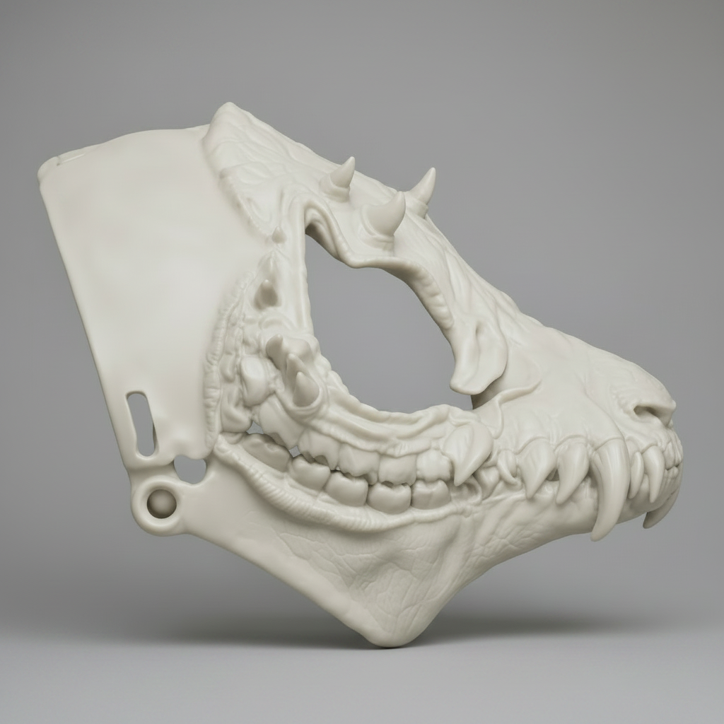 Side profile of a bone white Spiky Demon Wolf fursuit base showing sharp teeth, layered skeletal textures, and demonic wolf styling by Darkmoon Designs.