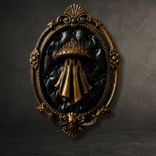 Hand painted bronze mushroom ghost displayed in an ornate 6-inch baroque resin frame for gothic woodland home décor