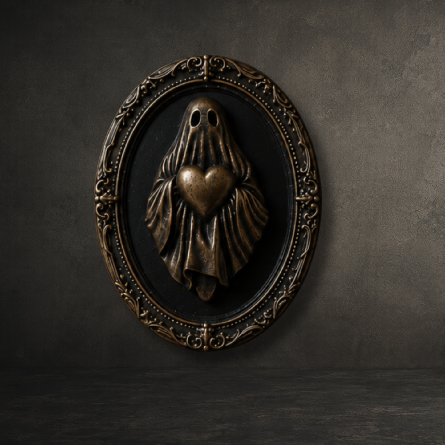 Hand painted bronze ghost holding a heart displayed in an ornate 6-inch baroque resin wall frame for gothic home décor