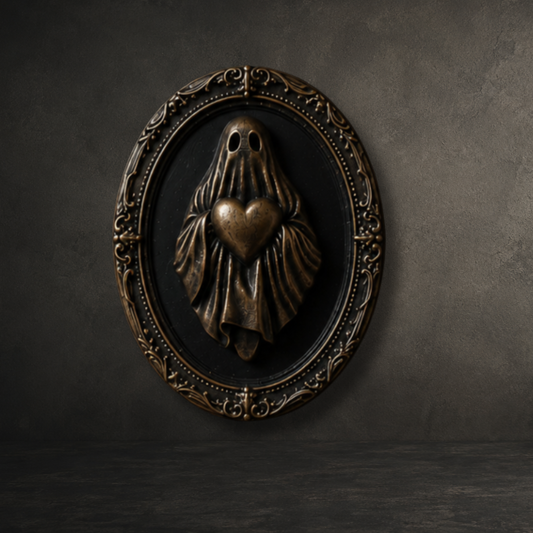 Hand painted bronze ghost holding a heart displayed in an ornate 6-inch baroque resin wall frame for gothic home décor