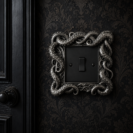 Black resin tentacle light switch surround for a standard UK single light switch, featuring intricately sculpted octopus tentacles that wrap around the switch for a striking gothic and nautical décor accent.