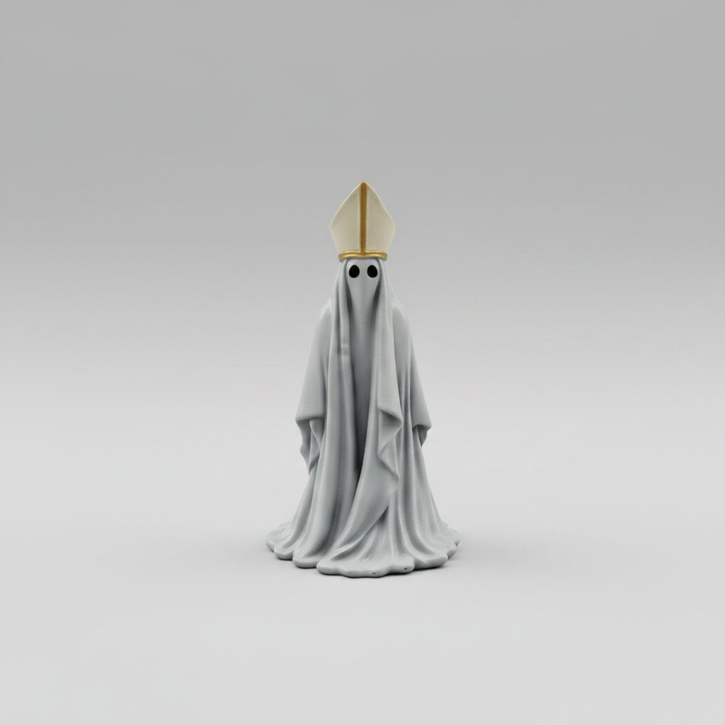 Hand painted resin Bishop ghost figurine with gold mitre hat standing front view