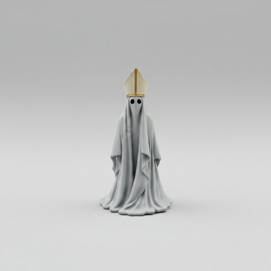 Hand painted resin Bishop ghost figurine with gold mitre hat standing front view