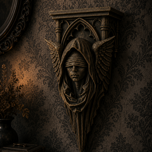 Gothic shelf corbel featuring The Blind Ascendant design, depicting a blindfolded angel supporting a floating shelf for alternative and dark interiors.