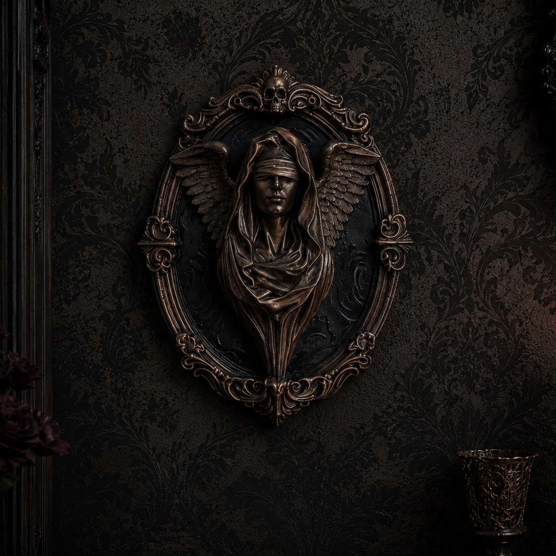 The Blind Ascendant gothic wall frame featuring a blindfolded winged figure in an ornate bronze resin frame.