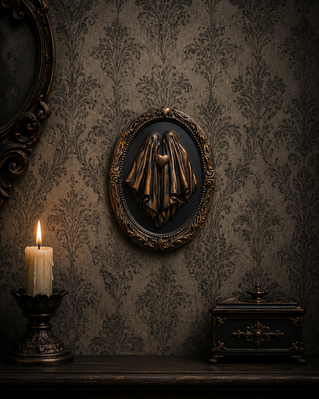 Bronze resin ghost frame featuring The Eternal Pair design from The Ghost Collection, creating a striking piece of gothic wall art for alternative interiors.