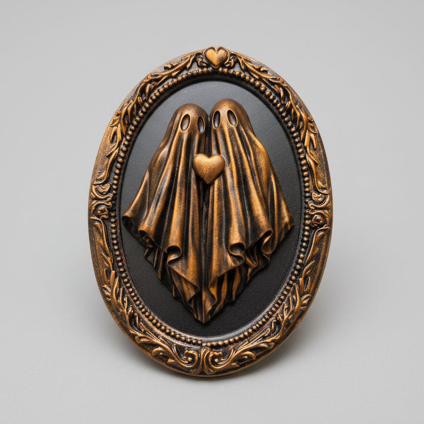Gothic ghost couple wall frame with heart in ornate baroque oval frame