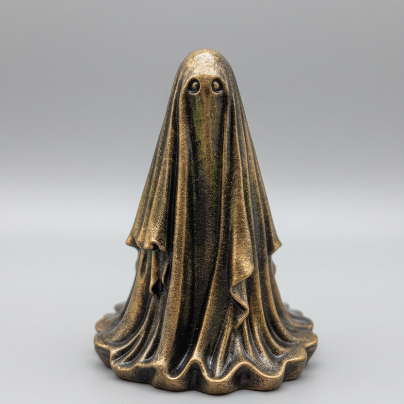 Close-up of The Gilded Wraith ghost figurine with antique gold finish and dark recessed details