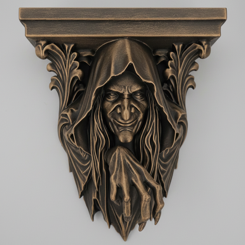 The Hag Witch Corbel Shelf featuring a sinister hooded witch with clawed hand beneath an ornate gothic wall shelf.