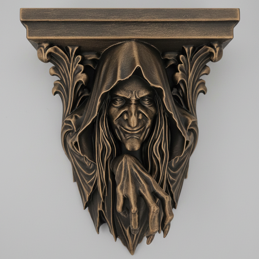 The Hag Witch Corbel Shelf featuring a sinister hooded witch with clawed hand beneath an ornate gothic wall shelf.