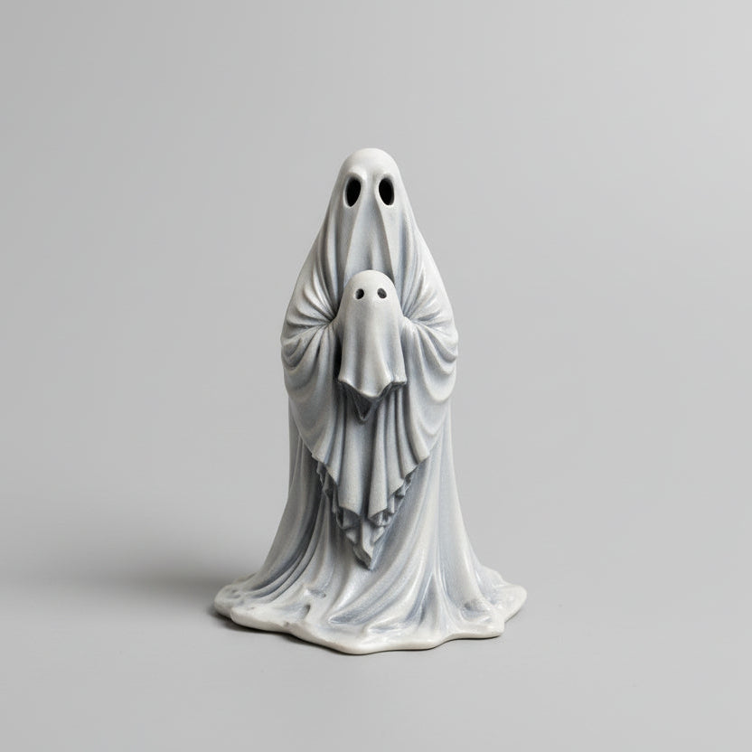 Side view of The Last Comfort gothic ghost figurine holding smaller ghost