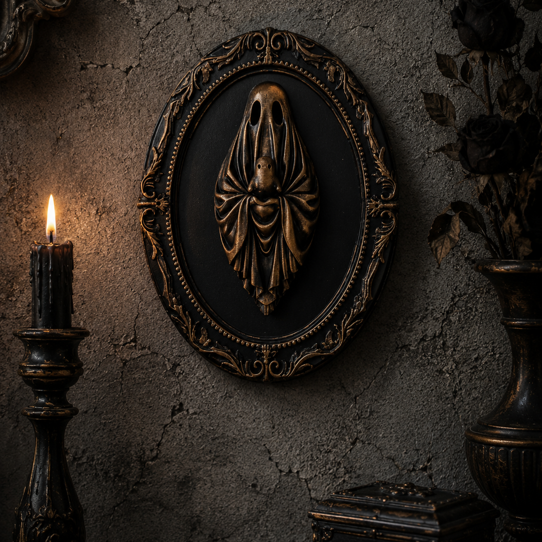Bronze resin ghost frame featuring The Last Comfort design, depicting a ghost gently holding a baby in a touching piece of gothic wall art.