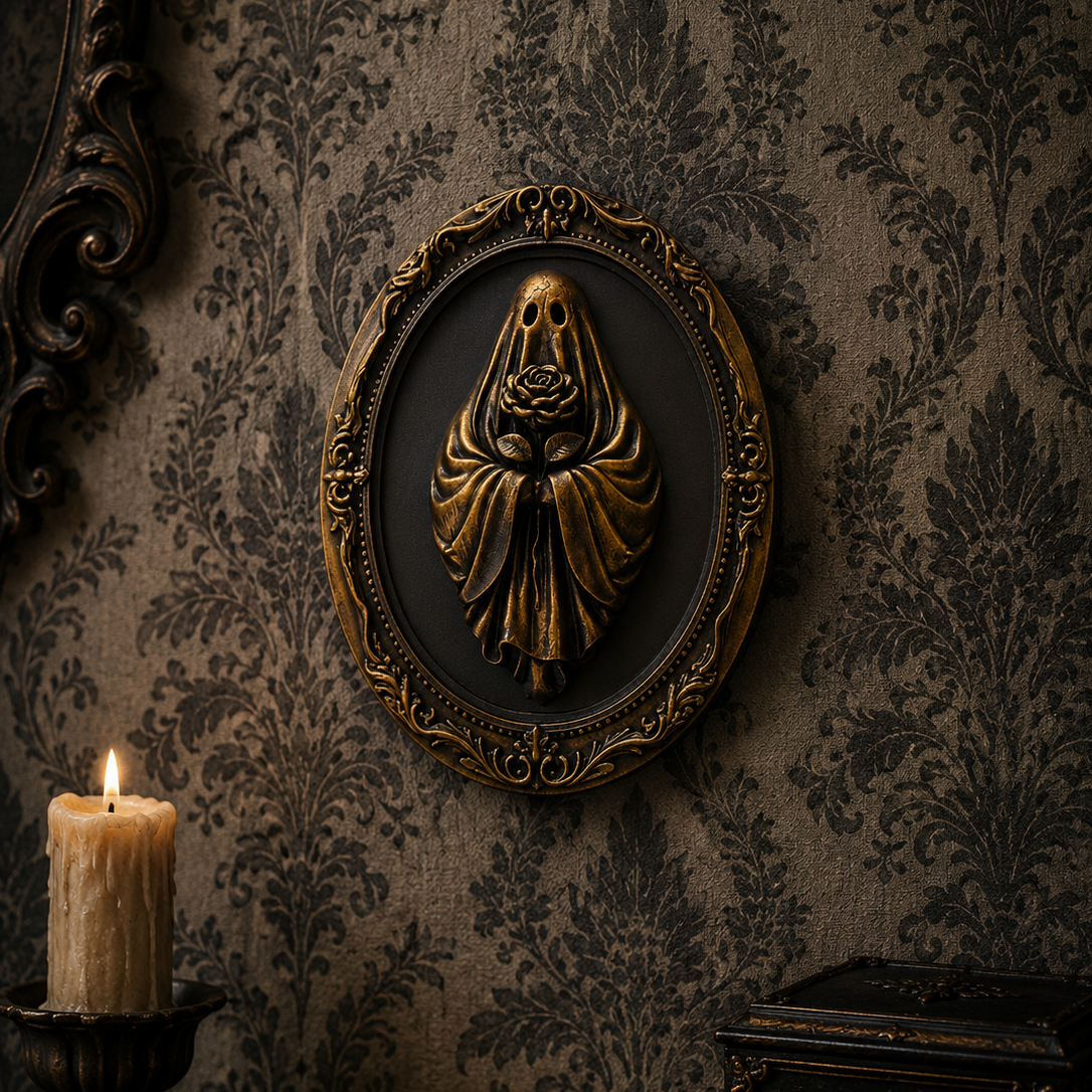 Bronze resin ghost frame featuring The Last Offering design from The Ghost Collection, ideal for gothic wall art, alternative interiors, and spooky decor displays.